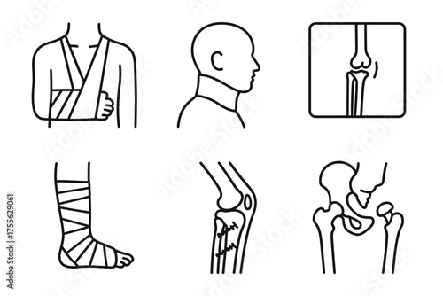 Medical illustration set: arm sling, head profile, bone fracture, foot bandage, knee injury, hip joint