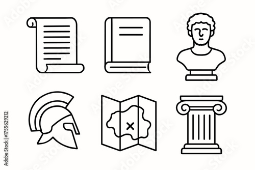 Ancient symbols: scroll, book, bust, helmet, map, column