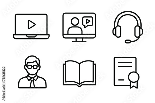 Online learning and communication icons: laptop, video call, headset, user, book, certificate