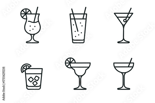 Variety of cocktail glasses: tropical, tall, martini, rocks, margarita, coupe