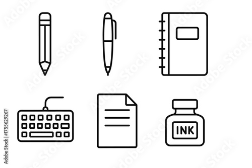 Office supplies icon set: pencil, pen, notebook, keyboard, paper, ink bottle