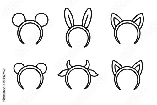 Cute animal-themed headbands: mouse, bunny, cat, bear, bull ears