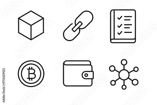Blockchain technology icons: cube, chain, checklist, bitcoin, wallet, network nodes
