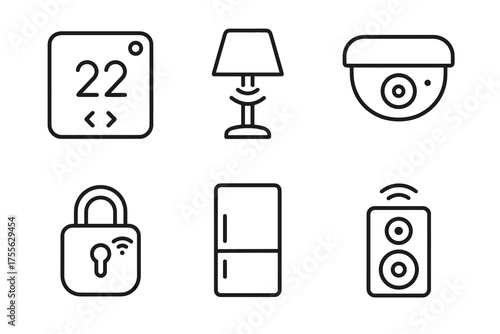 Smart home devices: thermostat, lamp, security camera, lock, refrigerator, speaker icons