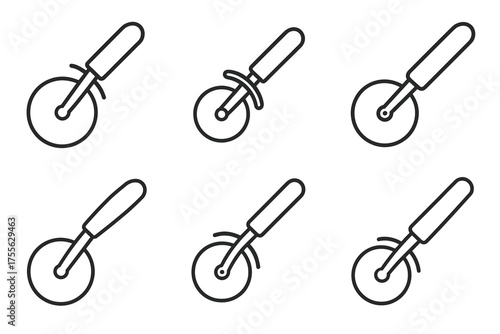 Set of six pizza cutters - minimalist line art on white background