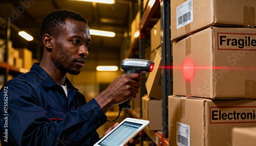 Close-up of person scanning boxes with barcode scanner and tablet.
