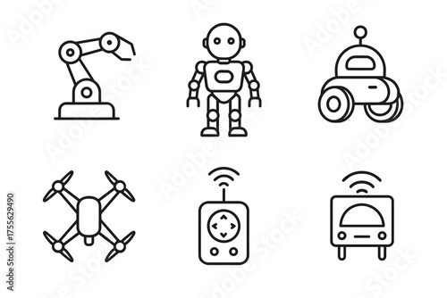 Collection of robotics and technology icon set: robot, drone, remote, automated car