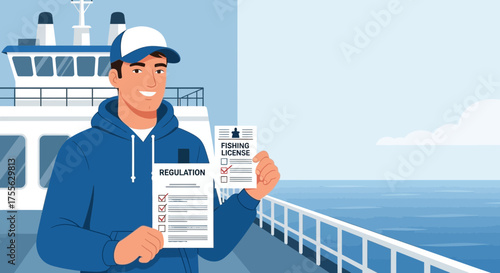 Fisherman ensuring compliance with regulations and possessing a fishing license on deck