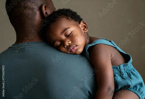 Father lovingly holds his sleeping young daughter in his arms, conveying comfort, security, and a tender family moment indoors