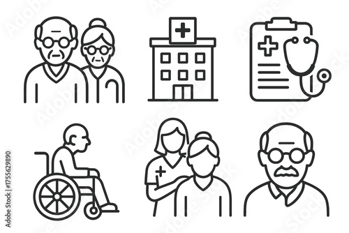 Healthcare icons: elderly patients, medical staff, hospital, wheelchair, and medical chart illustrations
