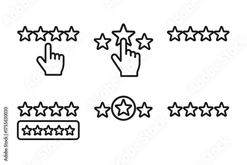 Hand icons clicking five-star ratings symbols for feedback and reviews