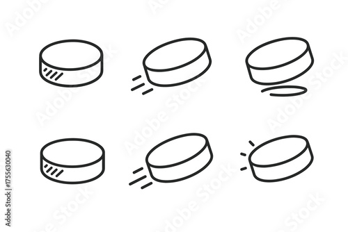 Set of hand-drawn hockey pucks with motion lines illustrating movement