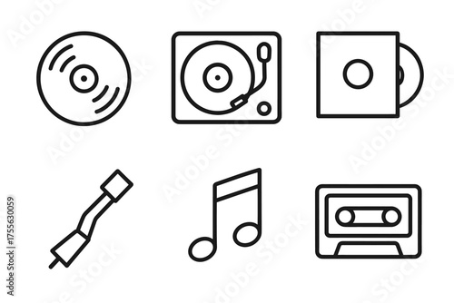 Outline icons of vinyl records, turntable, cd, tonearm, music note, cassette