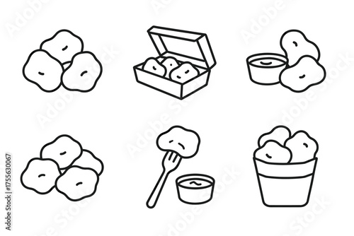Fried chicken icons set with sauce and bucket in black outline style