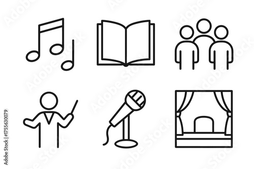 Music and performance icons: notes, book, group, conductor, microphone, stage