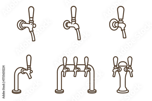 Vector line art of beverage taps and faucets in various designs