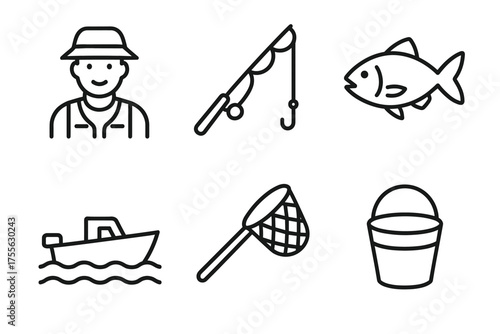 Fishing icons: male angler, rod, fish, boat, net, bucket - black line art