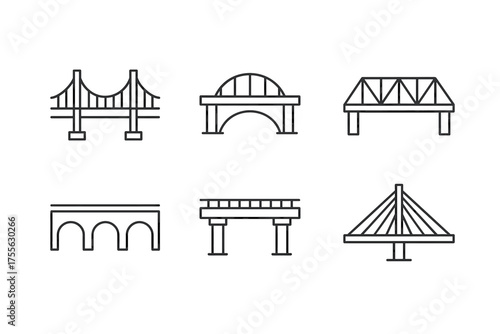 Set of six minimalist bridge icons in black outline design