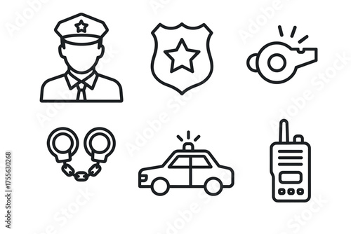 Police icon set: officer, badge, whistle, handcuffs, patrol car, radio