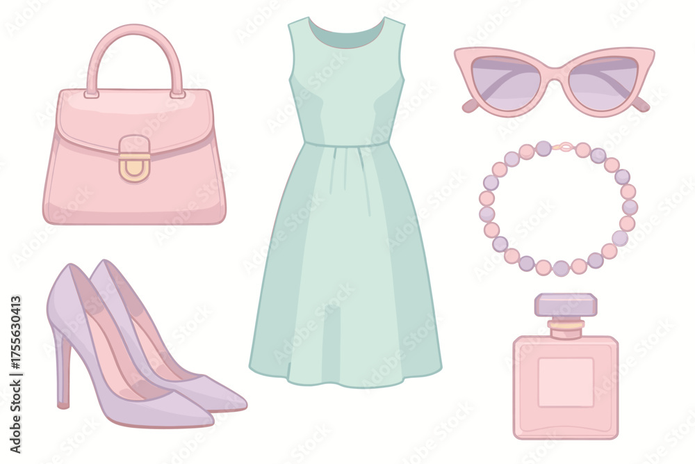 Elegant pastel fashion ensemble with dress, accessories, and heels
