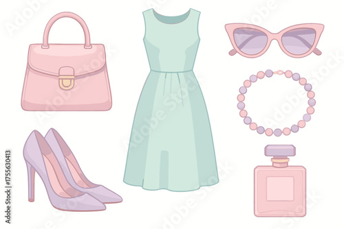 Elegant pastel fashion ensemble with dress, accessories, and heels