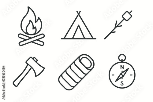 Camping essentials icons: fire, tent, marshmallow, axe, sleeping bag, compass