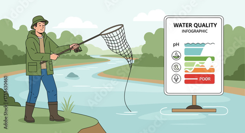Depiction of a man fishing in a river with a water quality sign nearby
