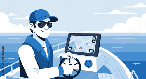 Captivating nautical adventure: Smiling sailor navigates open ocean with modern technology
