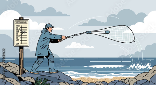 Coastal Fisherman Tossing a Net into the Sea, Next to Tide Schedule on Cloudy Day