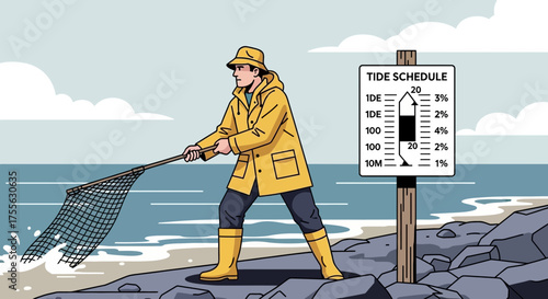 Cartoon illustration of a fisherman with a net by the sea consulting tide schedule