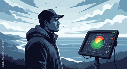 Man utilizing sonar technology on a serene coastline for environmental assessment