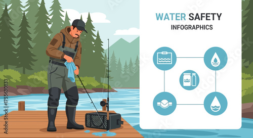 Illustration showcasing water safety infographics for anglers with responsible practices