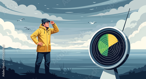 Coastal sentinel: A stylized illustration of vigilance and maritime awareness
