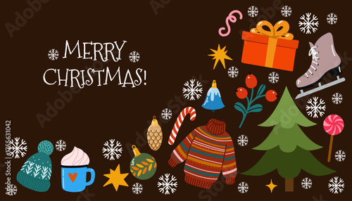 Hand drawn Christmas card in flat cartoon style