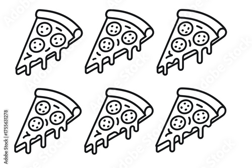 Repeated pattern of dripping cheese pepperoni pizza slice outline