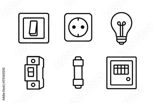 Minimalist electrical symbols: switch, outlet, bulb, circuit breaker, fuse, panel