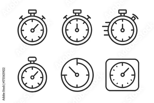 Set of stopwatch icons showcasing various timer styles in outline design