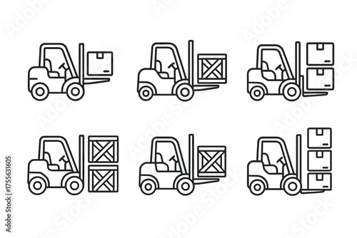 Forklift illustration moving crates and boxes in various configurations