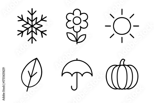 Set of seasonal icons: snowflake, flower, sun, leaf, umbrella, pumpkin