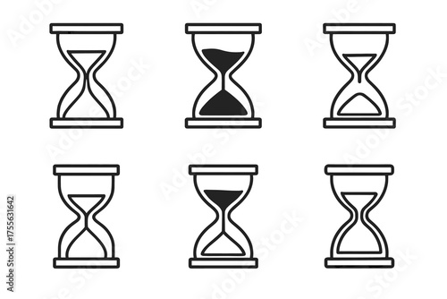 Set of six black and white hourglass icons in various fill levels