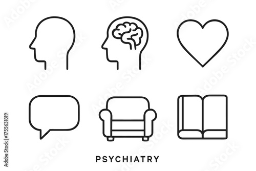 Psychiatry icons: brain, heart, speech bubble, chair, book - mental health symbols