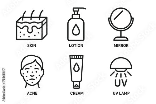 Skincare symbols: lotion, mirror, acne, cream, uv lamp, skin care
