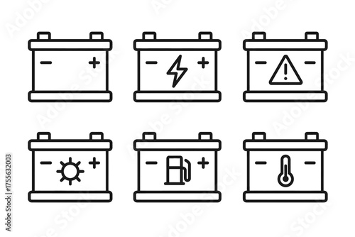 Battery icon set: power, warning, energy, and temperature symbols
