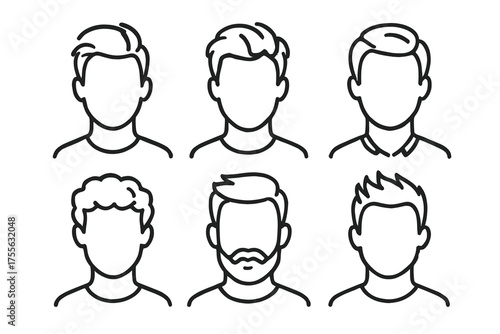 Various male hairstyles line art set with diverse haircuts