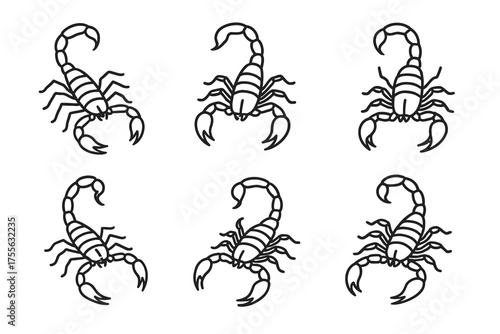 Black scorpion outline illustrations in various poses on white background