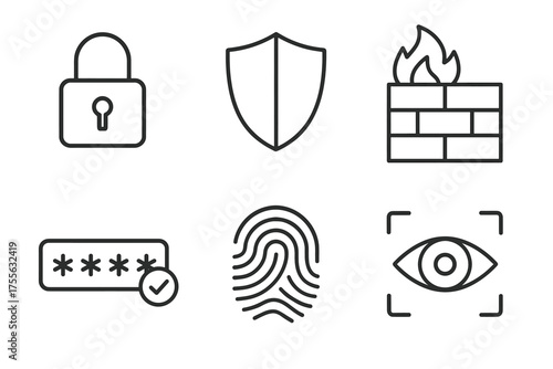 Cybersecurity icons: lock, shield, firewall, password, fingerprint, eye