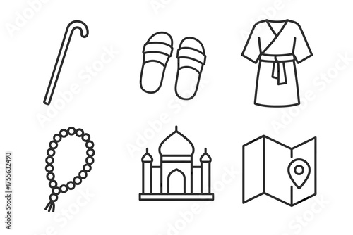 Travel essentials: walking stick, sandals, robe, bead necklace, taj mahal, map icon set