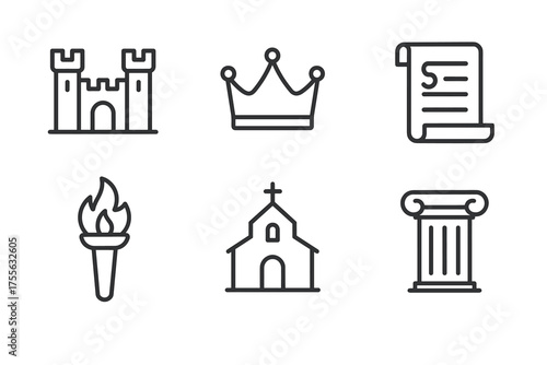 Medieval icons: castle, crown, scroll, torch, church, column illustrations