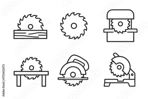 Set of linear icons of various circular saws for woodworking