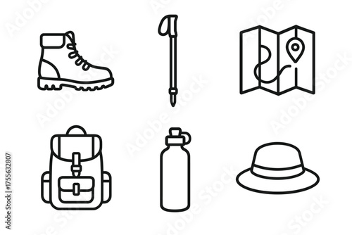 Outdoor adventure gear icons: boots, hiking staff, map, backpack, water bottle, hat